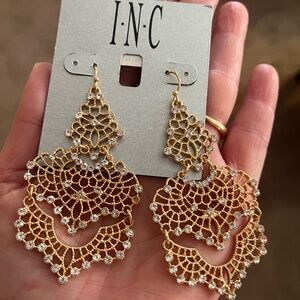 Macys INC Gold & Crystal Lace Chandelier Earrings NWT